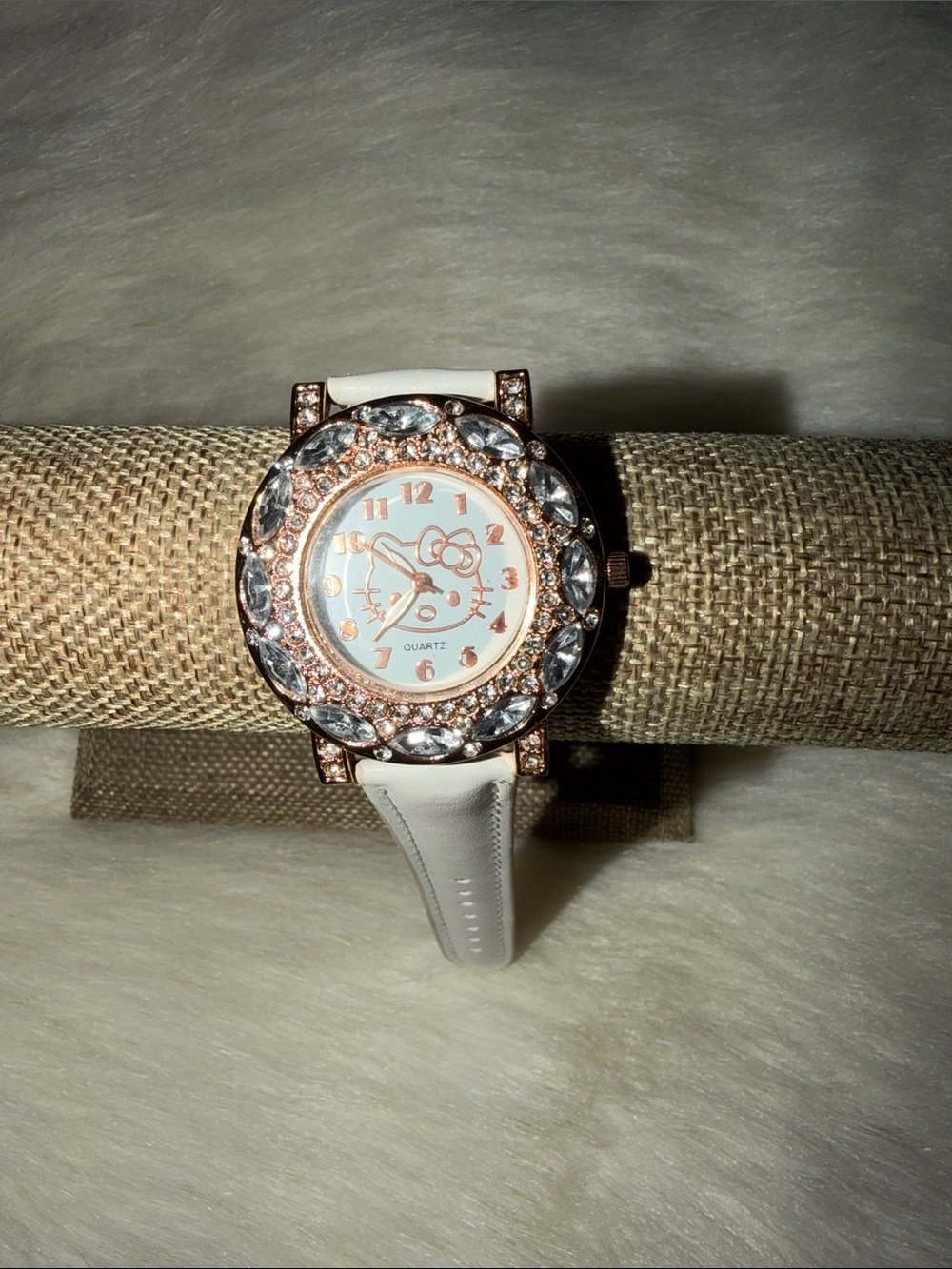 Hello Kitty Rose Gold Crystal Bezel White Leather Strap Watch